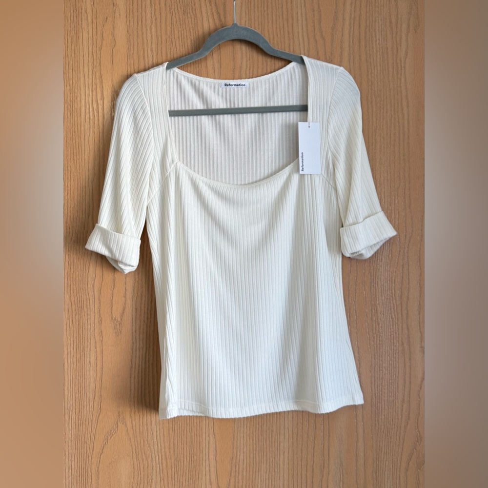 Reformation | SZ XL | Ivory Leanne Knit Top Square Neck Ribbed Tencel Modal NWT